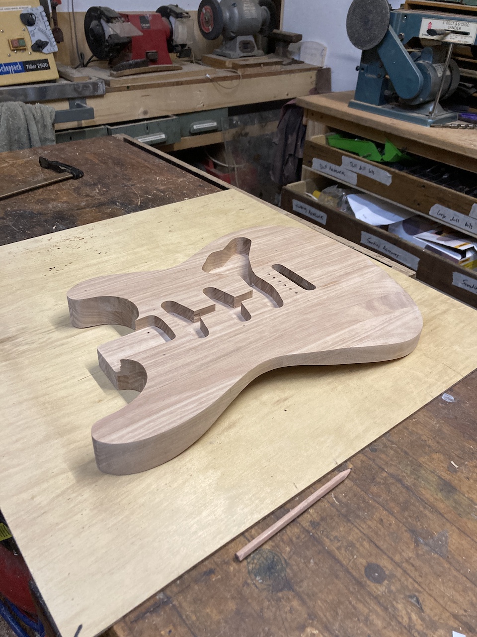 The guitar body laminated and routed