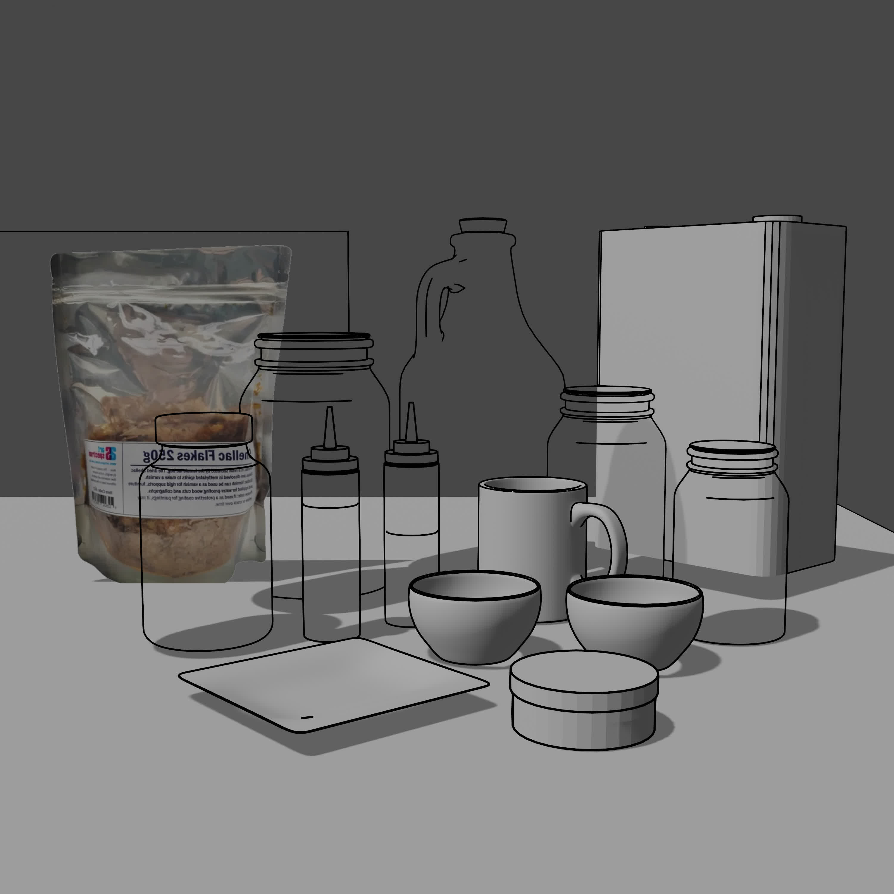 A 3D render of a selection of cans, bottles and jars.