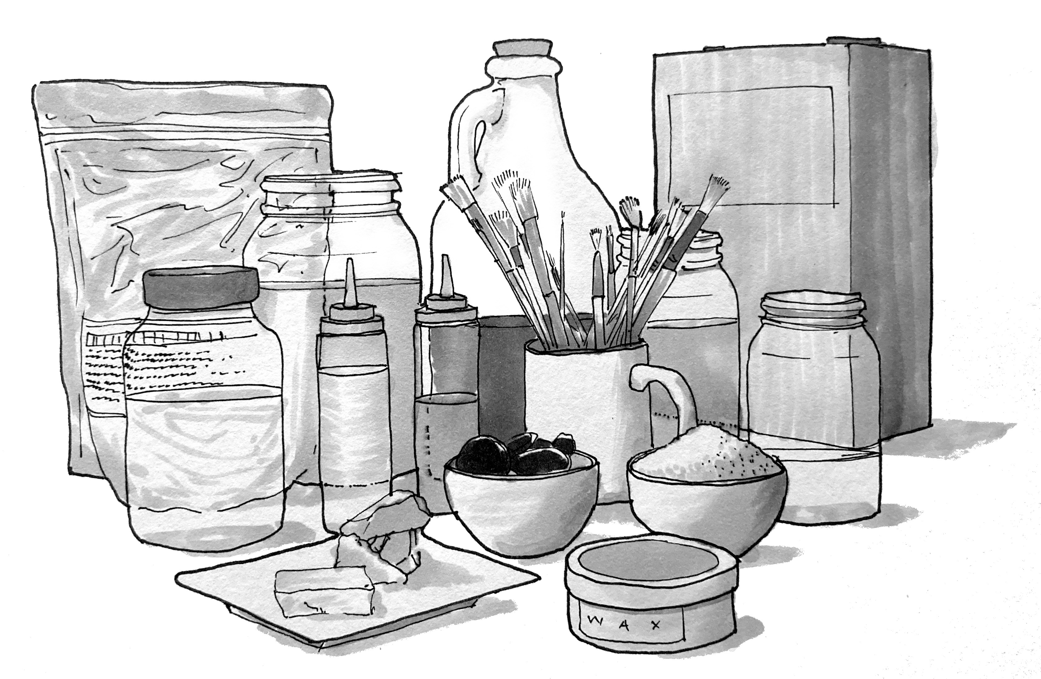 A final illustration of a range of finishing supplies and tools that has been hand-shaded in shades of grey.